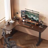 转角实木大书桌电动升降桌子l型电脑办公桌拐角黑胡桃书房办公室