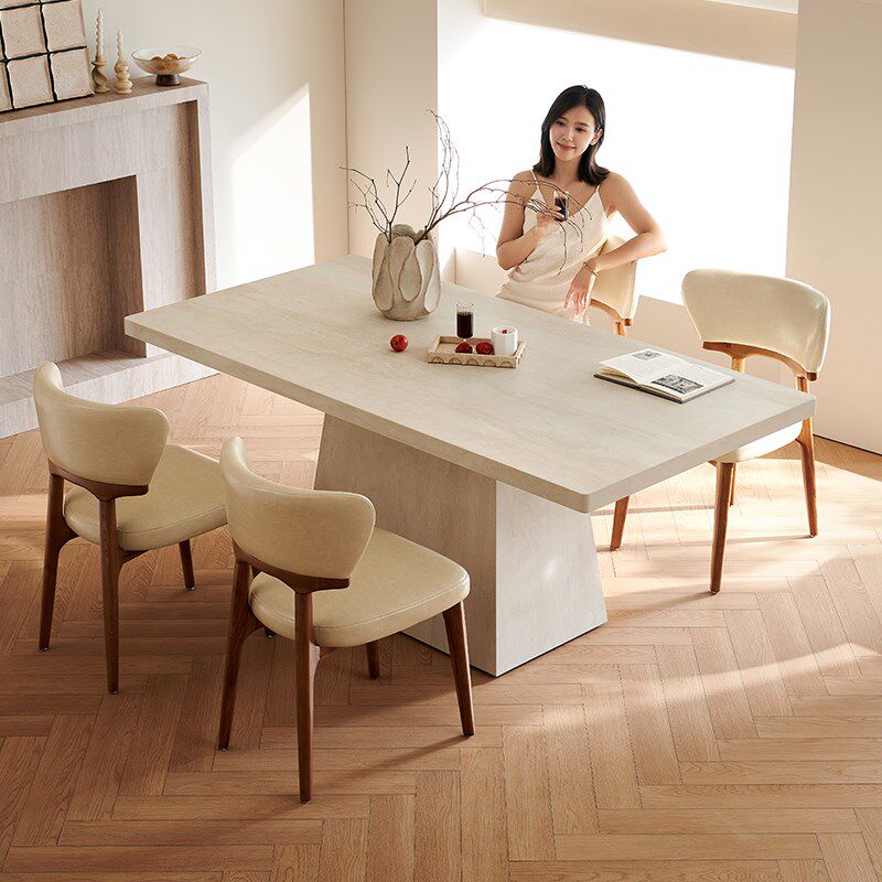 暮奢法式洞石岩板餐桌现代简约中古风长方形餐桌设计师家用小户型