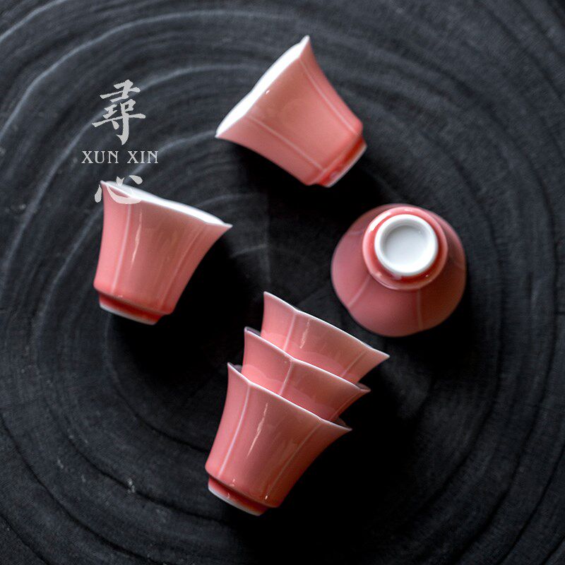 寻心 桃红花口茶杯家用主人杯单个陶瓷闻香杯小号功夫茶具品茗杯