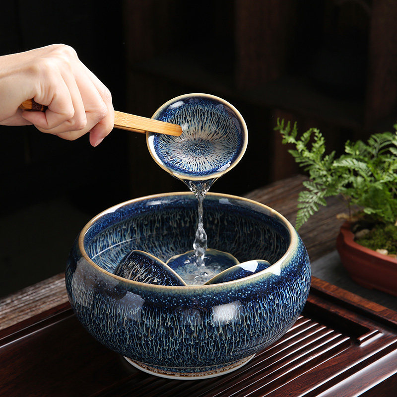 窑变天目釉拉丝茶洗盆器陶瓷水盂洗茶碗家用茶具茶道配件大号