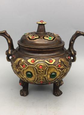 铜鎏金寿字三足双象耳铜鼎炉身镶嵌宝石如意香炉家用熏香炉摆件