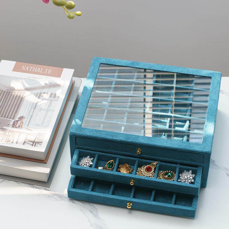 绒布多层珠宝箱 美甲饰品展示盒带玻璃盖子珠宝小饰品收纳盒钻盒