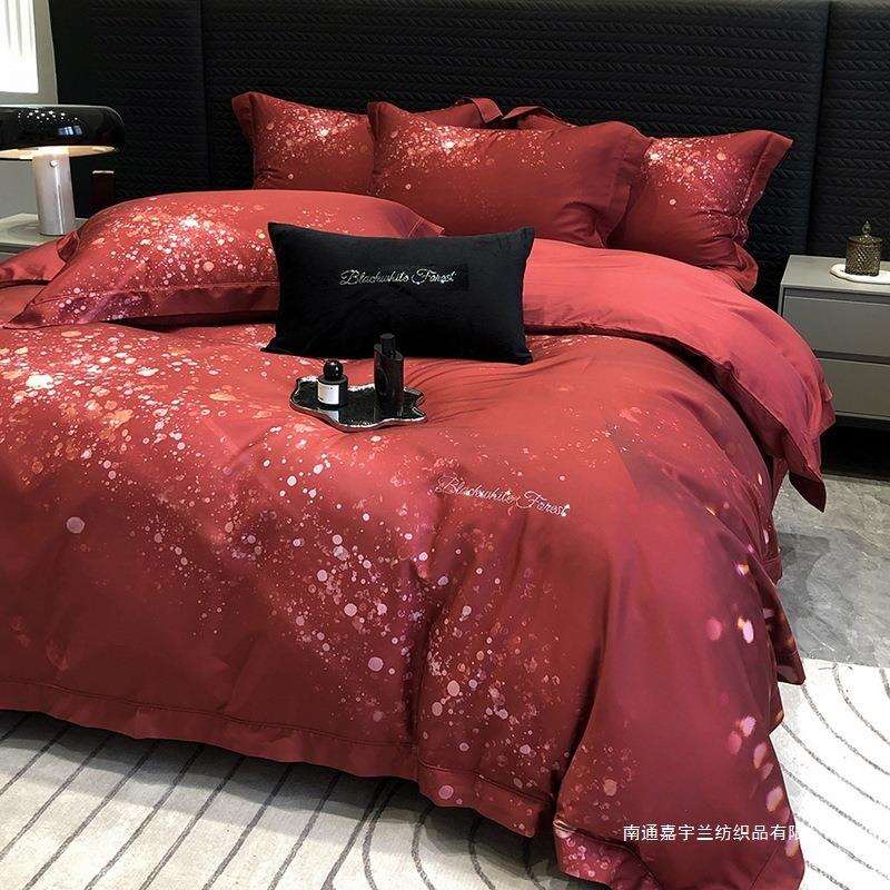 高端天丝棉数码印花四件套全棉纯棉被罩床单结婚床上用品婚庆红色