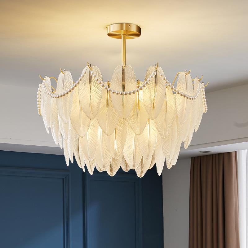 全铜羽毛玻璃吊灯简约现代创意树叶客厅餐厅吊灯水晶轻奢网红灯具