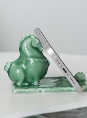 陶瓷唐马绿马小摆件 办公室桌面手机支架电脑书桌好物工位装饰品