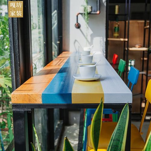 墨绩通用彩色实木吧台桌家用靠墙高脚桌商用长条桌酒吧奶茶店桌椅