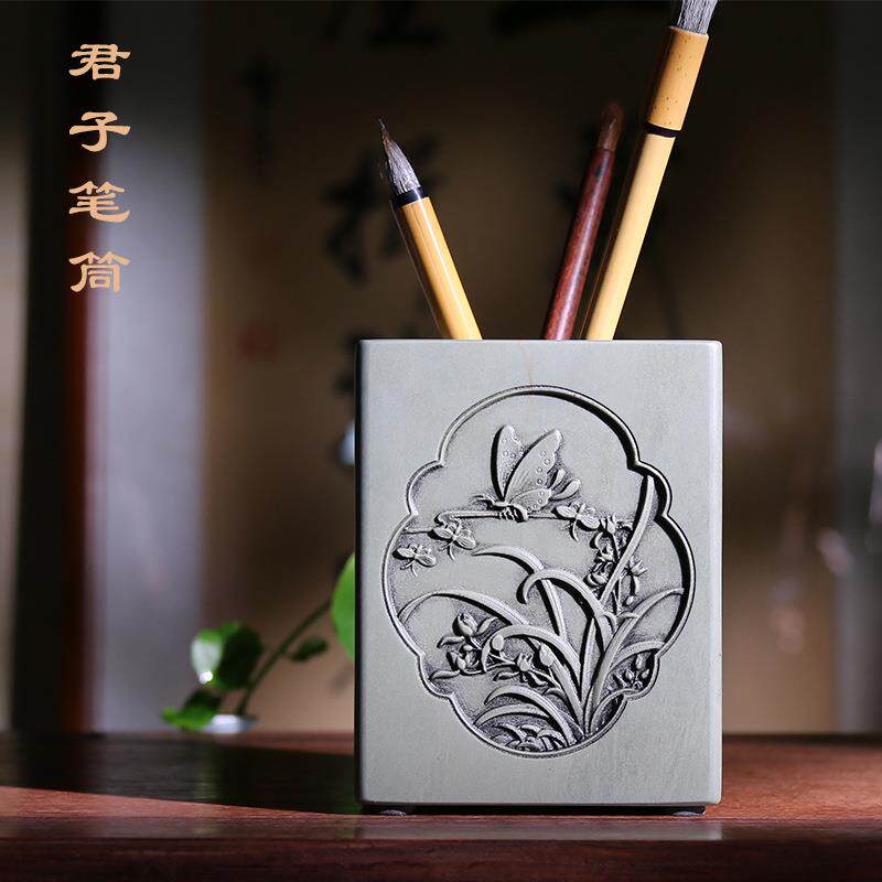 笔筒原石制端砚绿端大号毛笔收纳桶雕刻四君子书法陈列用品摆件