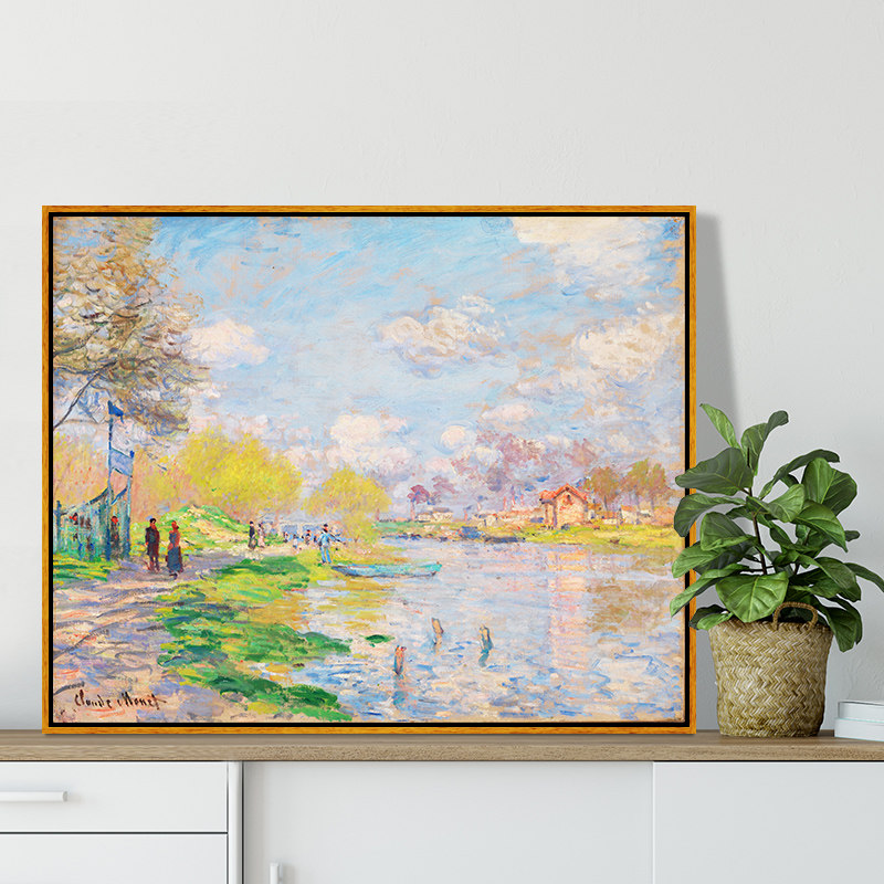 塞纳河畔的春天 莫奈印刷喷绘仿制油画客厅装饰画挂画有框画墙画