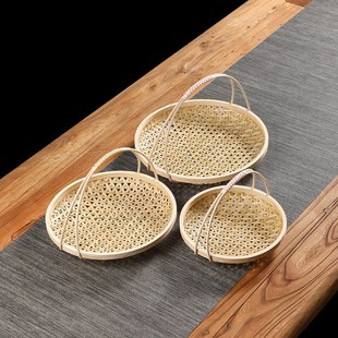 天然手工竹编竹制果篮茶点盘零食小吃篮馒头筐有孔圆形家用竹筛子
