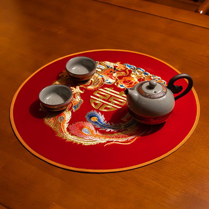 结婚龙凤布艺茶杯垫婚礼敬茶喜字餐垫喜字防烫垫子红色茶几茶桌垫