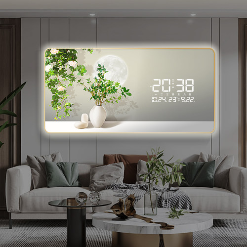 简约绿植数字电子钟表挂钟客厅装饰画插电数显屏灯光表挂墙时钟画