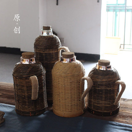 竹编热水瓶壳 老式 家用 复古文艺暧壶 开水瓶 软木塞 玻璃红内胆