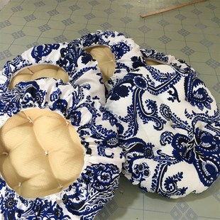 亚麻青花瓷加厚圆形凳子坐垫套 防滑椅垫罩一体 茶庄石凳 树桩凳