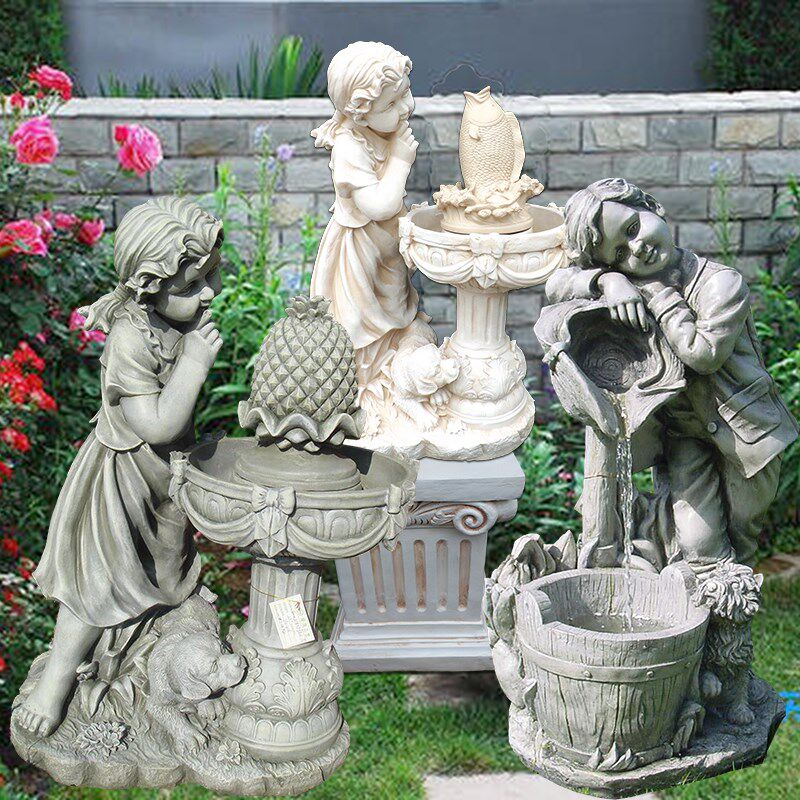 欧式时尚家居客厅庭院创意装饰品摆件工艺品男孩女孩流水喷泉摆设
