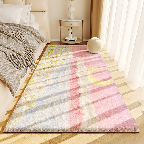 少女心主卧室床边地毯油画风防水仿羊绒地垫可机洗客厅沙发茶几毯