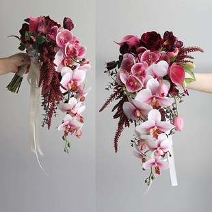 手捧花假花 瀑布水滴款新娘花束 结婚摄影仿真花家居台面摆放桃红