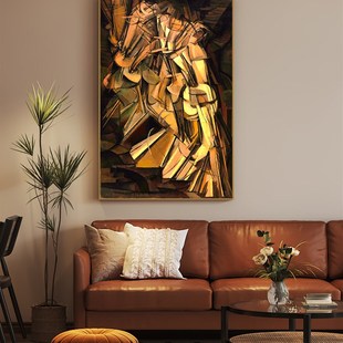 复古客厅沙发背景墙装饰画下楼梯的女人画杜尚裸女卡联社世界名画