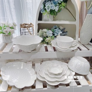 F41窑变釉陶瓷釉下彩浮雕半夏花开异形花边盘碗汤碗鱼盘米饭碗盘