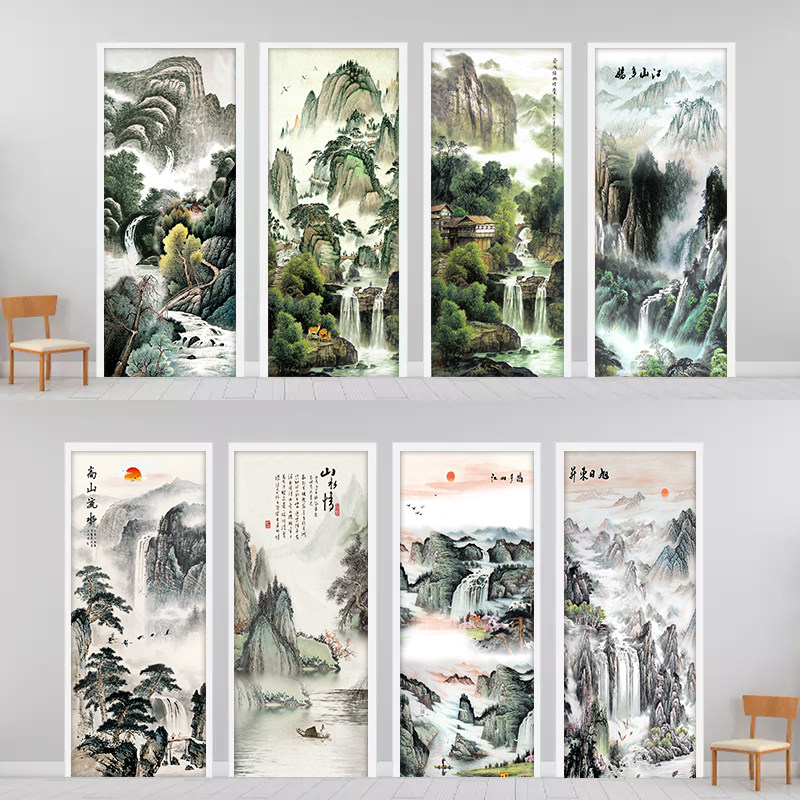 山水门贴画整张自粘装饰卧室木门全包衣柜厕所玻璃移门防水贴纸