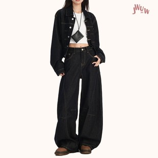 jwuw秋季翻领纽扣后系带短款牛仔外套女车线分割弯刀牛仔裤套装
