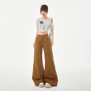 JWUW春季新款美式柔软弹力牛仔裤女宽松显瘦不贴腿休闲喇叭长裤