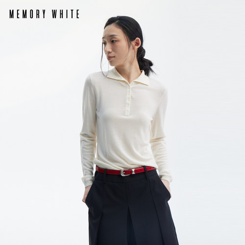MEMORY WHITE 静奢风经典Polo领纽扣内搭针织长袖T恤羊毛衫上衣女