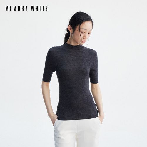 MEMORY WHITE高智感极简半高领中袖高弹修身针织衫内搭打底上衣女