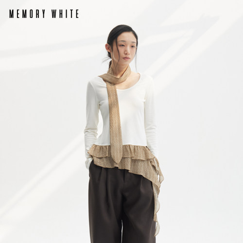 MEMORY WHITE静奢冷染真丝小格子假两件不规则下摆打底衫长袖上衣