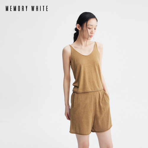 MEMORY WHITE 莱赛尔亚麻混纺法式气质感u领吊带内搭T恤短裤套装