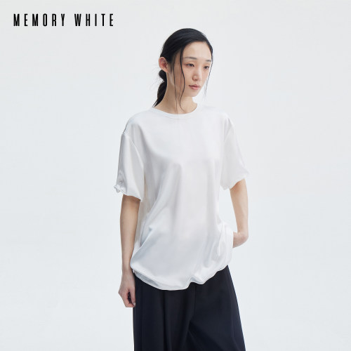 MEMORY WHITE 重磅醋酸凉感双面缎鎏金珠光圆领廓形短袖T恤上衣女