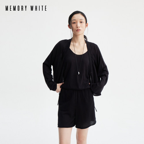 MEMORY WHITE 设计师款韩系莱赛尔亚麻混纺系带短款针织开衫上衣