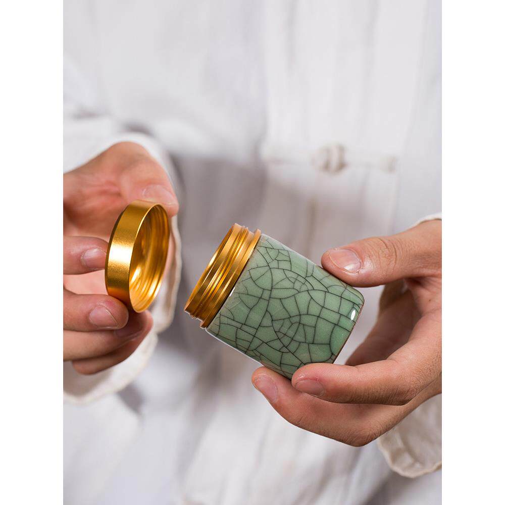 龙泉陶瓷茶叶罐茶仓小号旅行便携迷你金属青瓷储茶罐茶叶包装礼盒