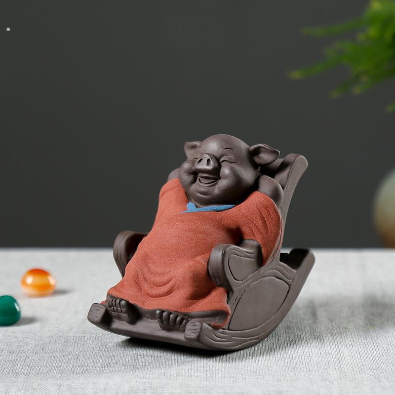 茶宠千猪变摇摆猪桌面摆件精品紫砂彩砂陶瓷车载摇椅浮生半日闲