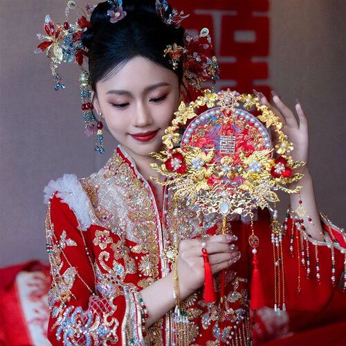 团扇新娘结婚手工秀禾中式diy材料包扇子婚礼喜扇高级感婚纱双面