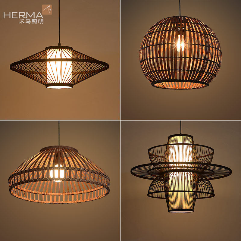 中式仿古竹编吊灯咖啡色创意个性东南亚复古餐厅茶楼民宿竹子灯具