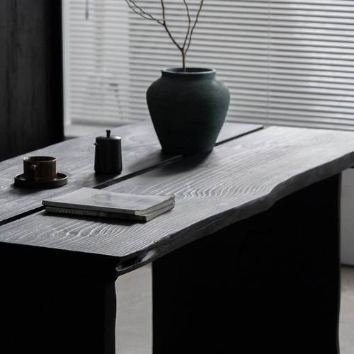 炭化黑色餐桌实木创意大板侘寂风茶桌桌子现代原木工作台家用茶台