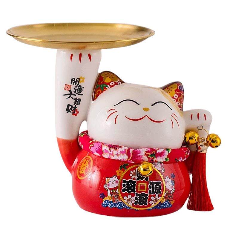 国潮陶瓷招财猫桌面钥匙收纳盒创意玄关首饰摆件家用门口杂物收纳