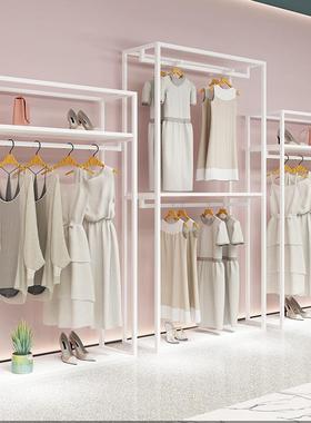 女装店白色挂衣架落地式男装双层服装展架高柜衣帽货架衣服展示架