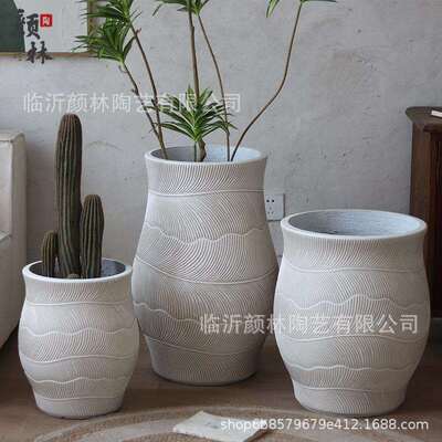 复古白镁泥花盆大号落地花器高款花盆客厅花园售楼部商场装饰绿植