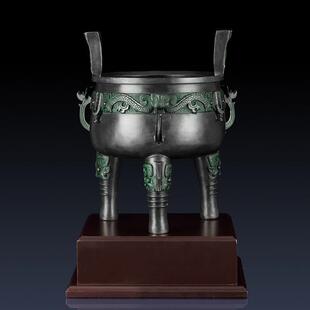 纯黄铜五耳龙纹鼎摆件青铜鼎装饰办公室招财铜鼎礼品青铜器工艺品