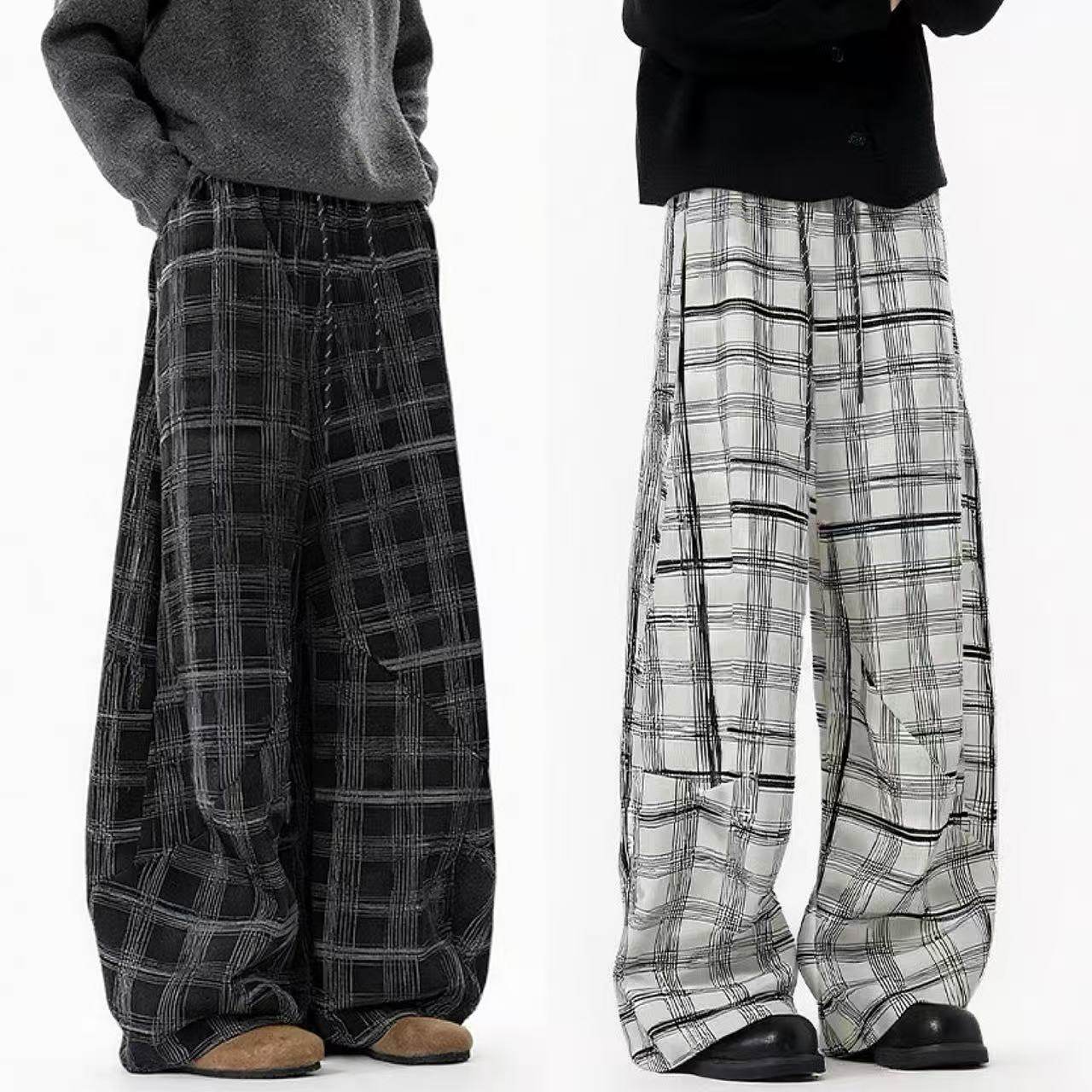 轩罕弯刀裤男款黑色解构设计格子长裤子男士宽松阔腿直筒休闲卫裤,男装,卫裤,淘宝优惠券,粉丝福利购,淘宝优惠卷