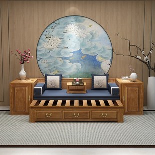 罗汉床实木新中式 禅意推拉床小户型客厅小床老榆木沙发床两用定制