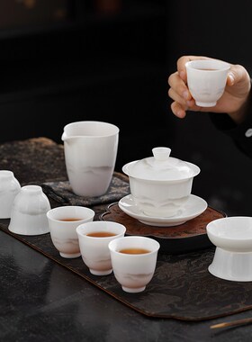 羊脂玉白瓷功夫茶具套装盖碗茶杯家用高档办公会客礼品礼盒装