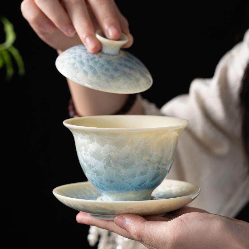 新品 窑变结晶釉三才盖碗防烫高温陶瓷茶具家用大号泡茶碗高档