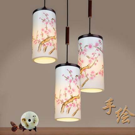 现代中式餐厅三头吊灯温馨卧室灯手绘梅花陶瓷灯仿古茶室书房吊灯