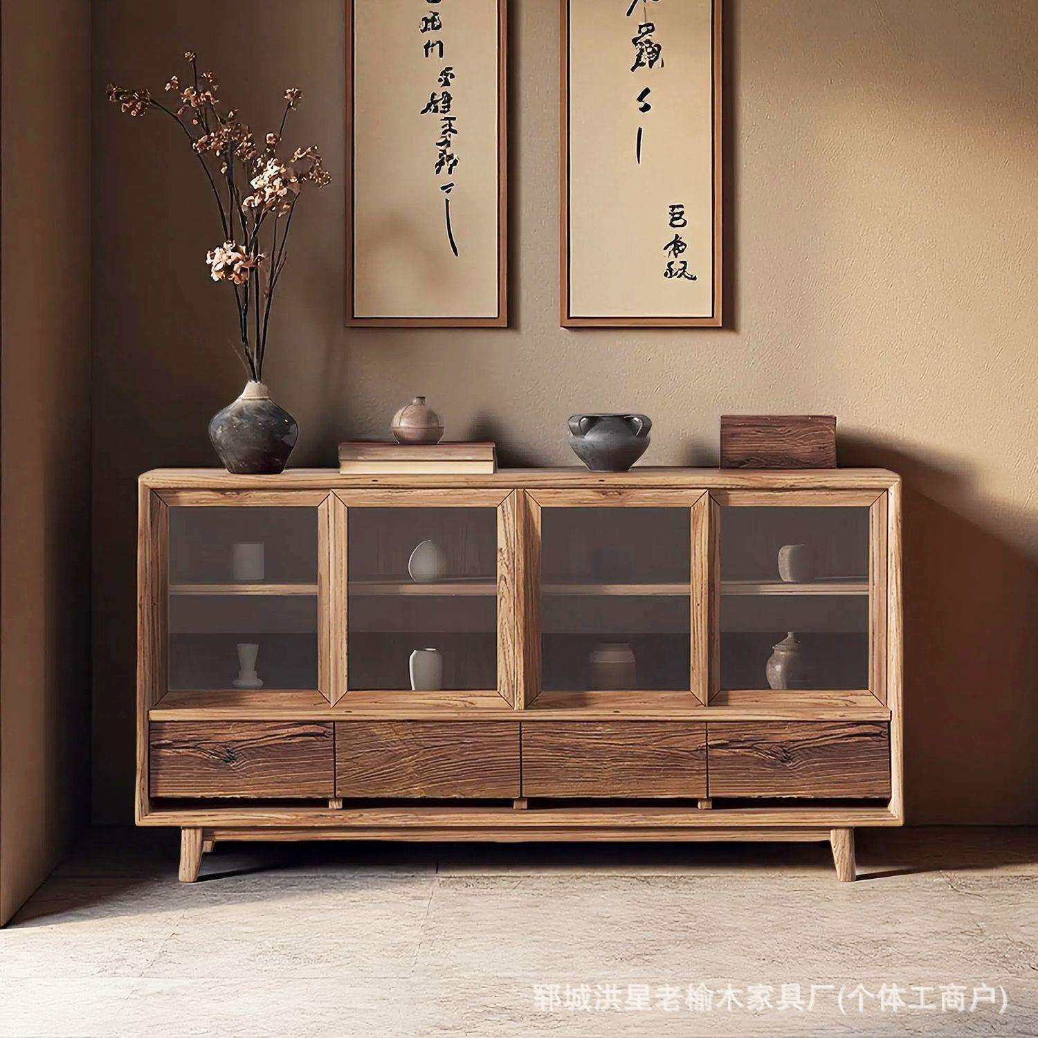 老榆木实木餐边柜中古风展示柜民宿客厅靠墙矮柜咖啡柜玻璃置物柜