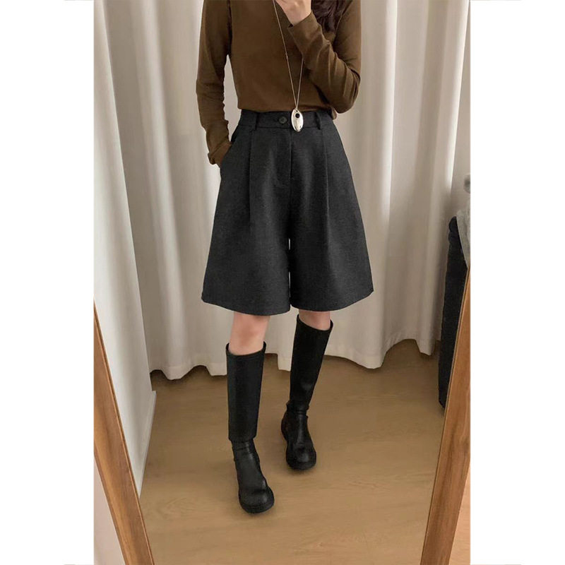 毛呢阔腿短裤女士2025秋冬韩系高腰中裤小个子显瘦直筒a字五分裤