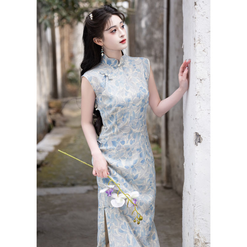 蓝色无袖旗袍2025新款改良女夏季绝美新中式日常可穿民国风女装