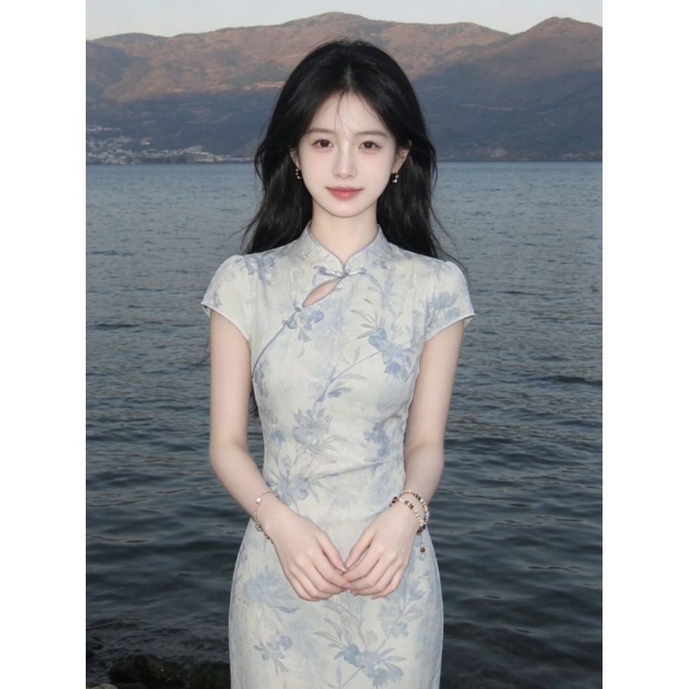 温柔系穿搭独特超好看的印花连衣裙新中式国风改良旗袍长裙26夏季