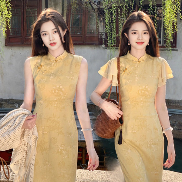 【如愿】新中式黄色无袖改良旗袍女春夏提花绝美修身收腰连衣裙